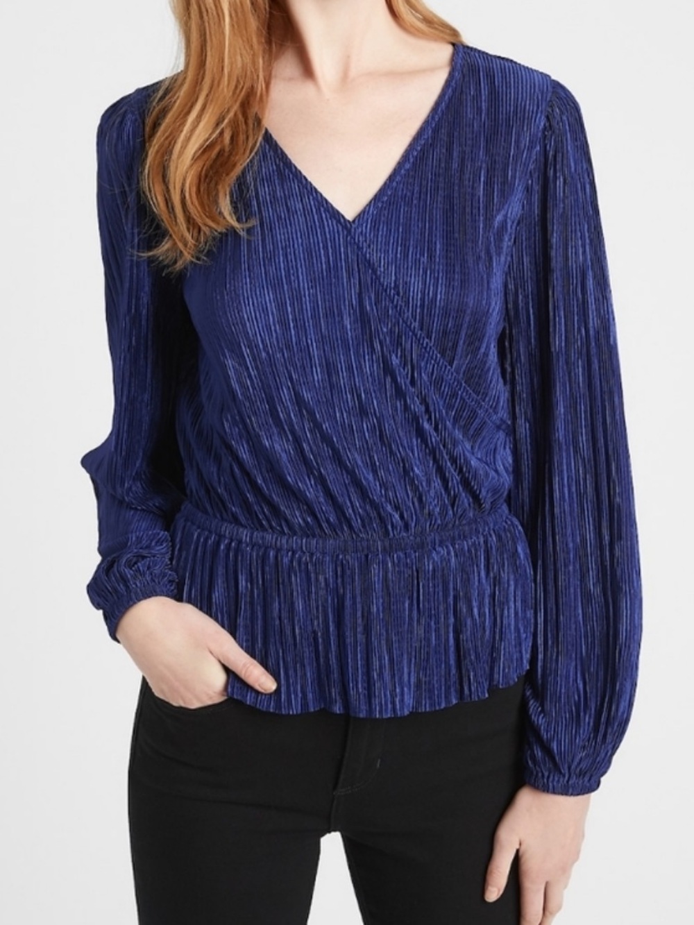 Banana Republic Factory Royal Blue Plisse Wrap-Effect V-Neck Blouse